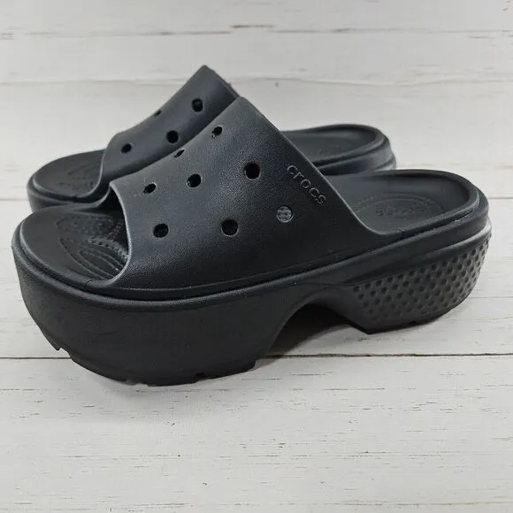 Crocs Stomp Platform Slide Sandals Womens Size 8‎ Black Chunky Heel 209346