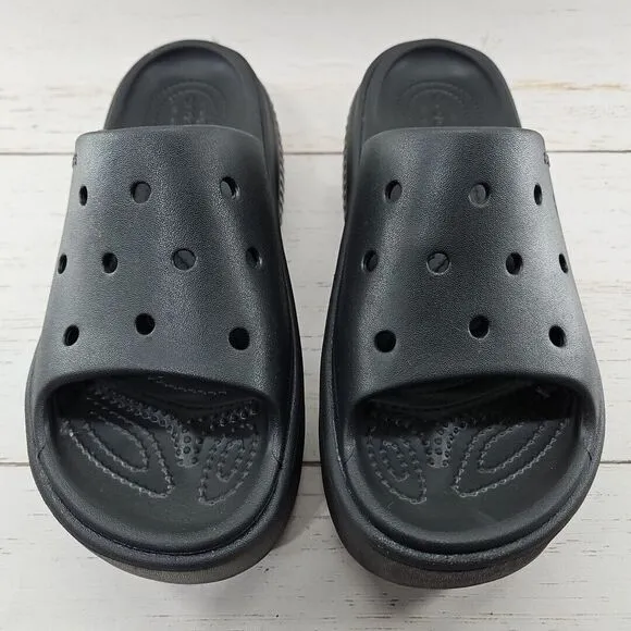 Crocs Stomp Platform Slide Sandals Womens Size 8‎ Black Chunky Heel 209346