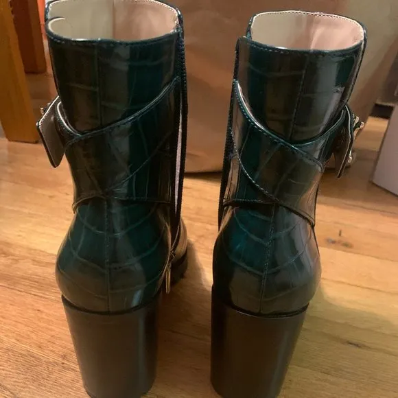 Crown &amp; Ivy Embossed Leather Green Chunky Booties
