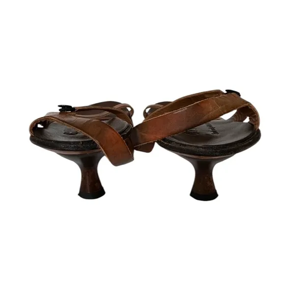 CYDWQO Brown Leather Sling Back Kitten Heel Sandals