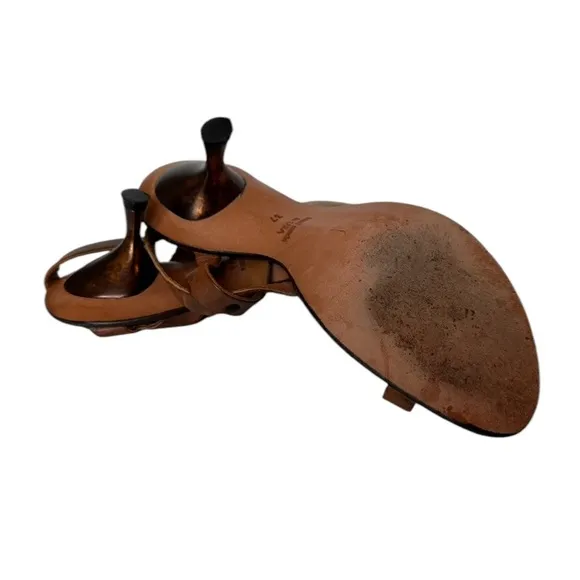 CYDWQO Brown Leather Sling Back Kitten Heel Sandals