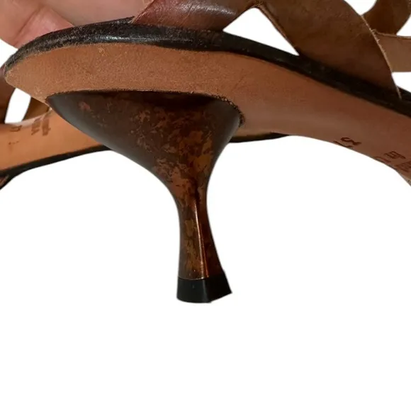 CYDWQO Brown Leather Sling Back Kitten Heel Sandals