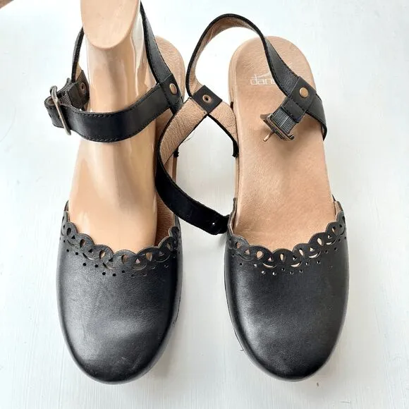 Dansko Black Leather Cutout Mary Jane Clogs, Marta, Size 10.5/11