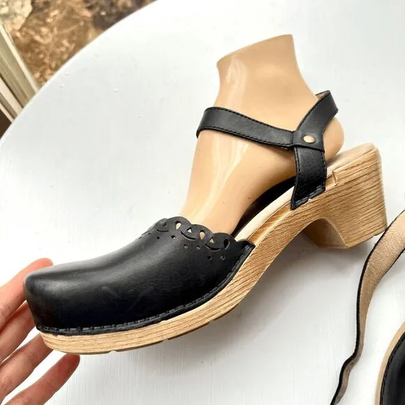 Dansko Black Leather Cutout Mary Jane Clogs, Marta, Size 10.5/11