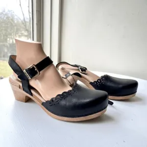 Dansko Black Leather Cutout Mary Jane Clogs, Marta, Size 10.5/11
