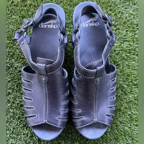Dansko Randa Full Grain Leather Clog Black Wooden Open Toe Caged Wedge size 39