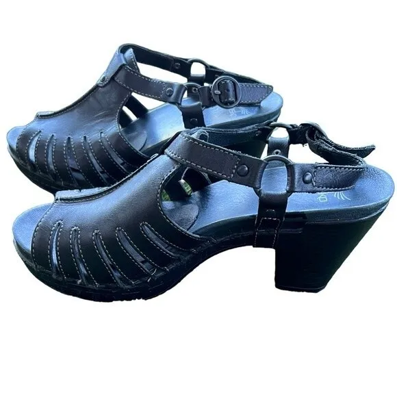Dansko Randa Full Grain Leather Clog Black Wooden Open Toe Caged Wedge size 39