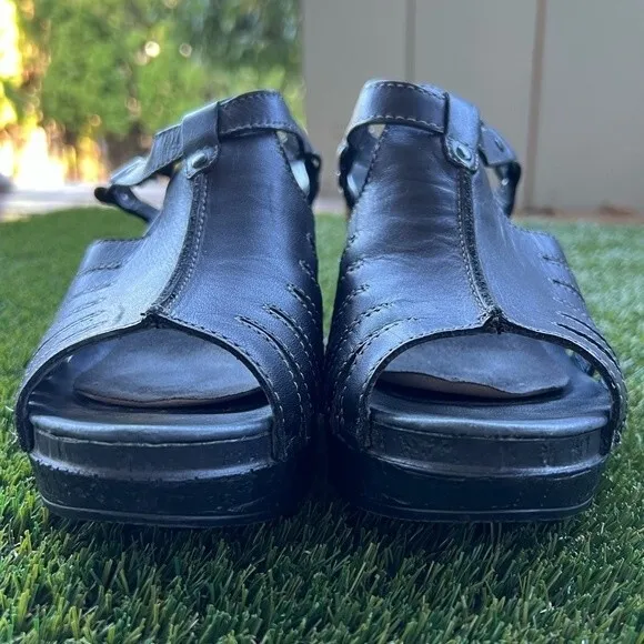 Dansko Randa Full Grain Leather Clog Black Wooden Open Toe Caged Wedge size 39