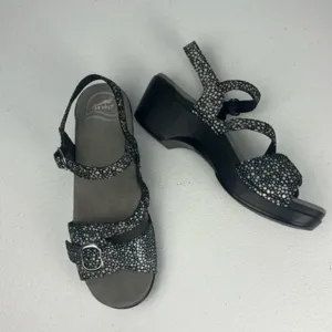 Dansko Sandi Sandals Black Leather Crossover Strap Metallic Polka Dot Clogs 7.5