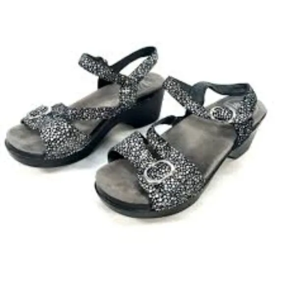 Dansko Sandi Sandals Black Leather Crossover Strap Metallic Polka Dot Clogs 7.5