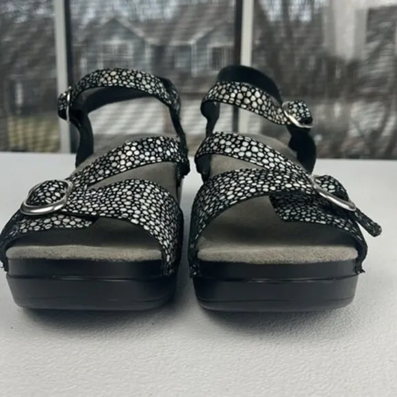 Dansko Sandi Sandals Black Leather Crossover Strap Metallic Polka Dot Clogs 7.5