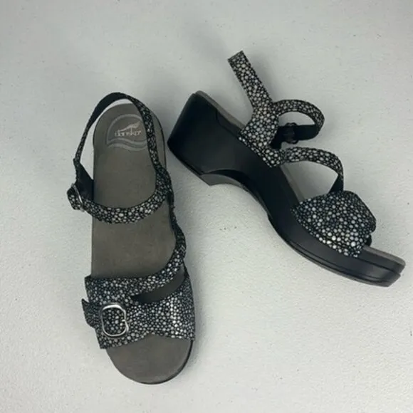 Dansko Sandi Sandals Black Leather Crossover Strap Metallic Polka Dot Clogs 7.5