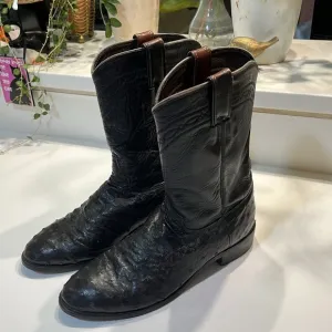 Dark Brown Justin Leather Cowboy Boots with Ostrich Texture.  Size 8D