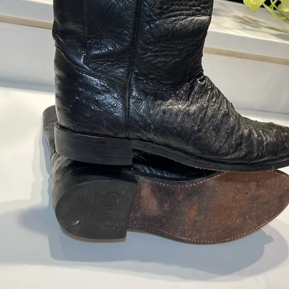 Dark Brown Justin Leather Cowboy Boots with Ostrich Texture.  Size 8D