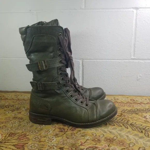 Dark green leather mid calf steampunk combat boots