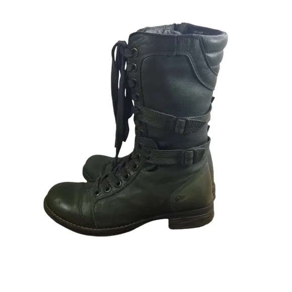 Dark green leather mid calf steampunk combat boots