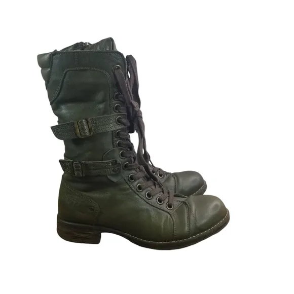 Dark green leather mid calf steampunk combat boots