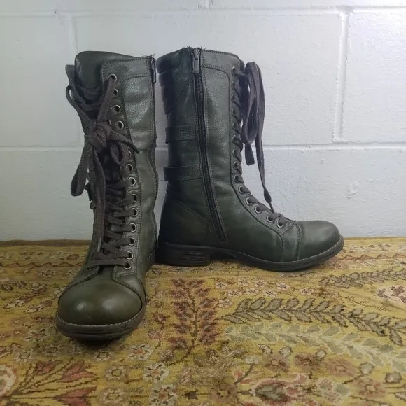 Dark green leather mid calf steampunk combat boots