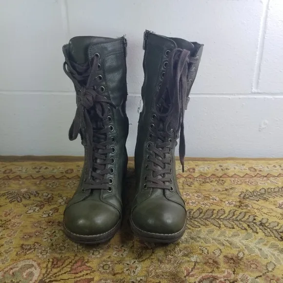 Dark green leather mid calf steampunk combat boots