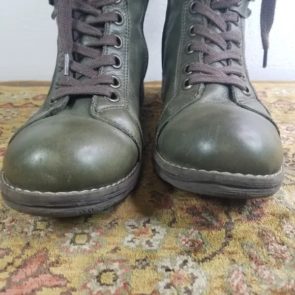 Dark green leather mid calf steampunk combat boots