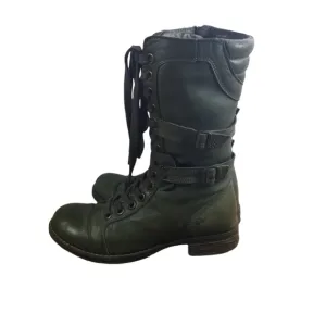 Dark green leather mid calf steampunk combat boots