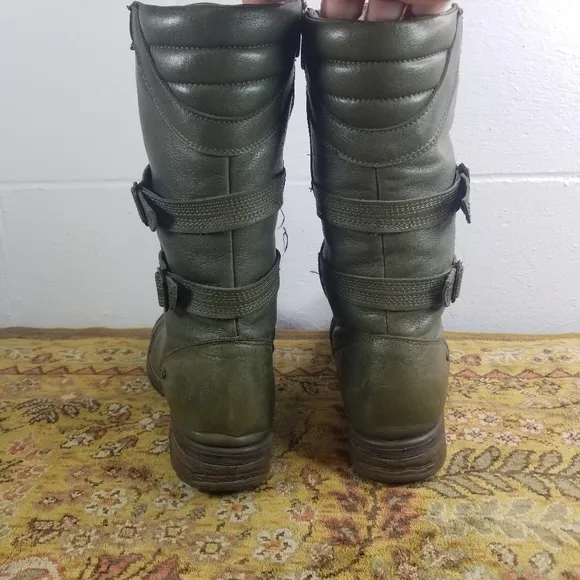 Dark green leather mid calf steampunk combat boots