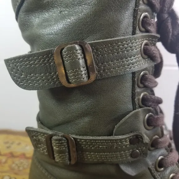 Dark green leather mid calf steampunk combat boots