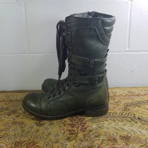 Dark green leather mid calf steampunk combat boots