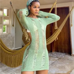 Delilah Green Shred Body Slimming Sexy Open Back Raw Knit Stretch Mini Dress