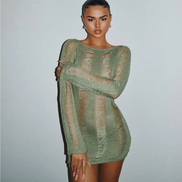 Delilah Green Shred Body Slimming Sexy Open Back Raw Knit Stretch Mini Dress