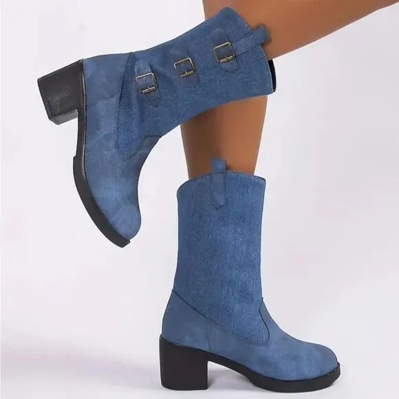Denim chunky heel boots sz 7.5