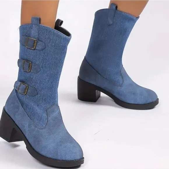 Denim chunky heel boots sz 7.5