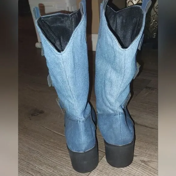 Denim chunky heel boots sz 7.5