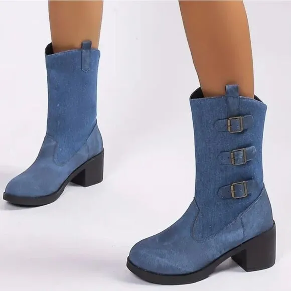 Denim chunky heel boots sz 7.5
