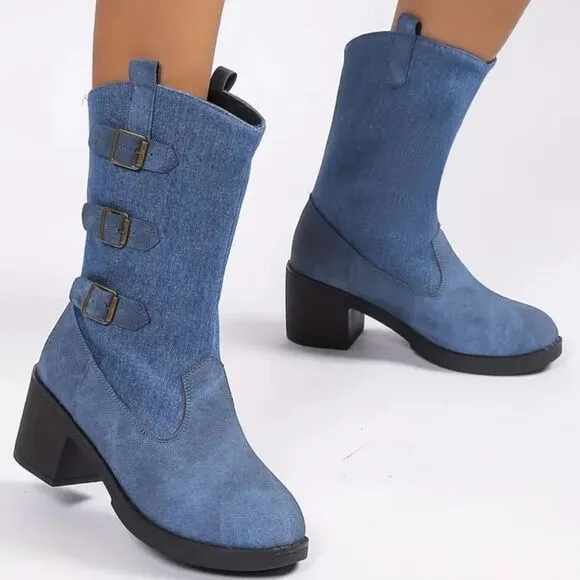 Denim chunky heel boots sz 7.5