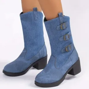 Denim chunky heel boots sz 7.5