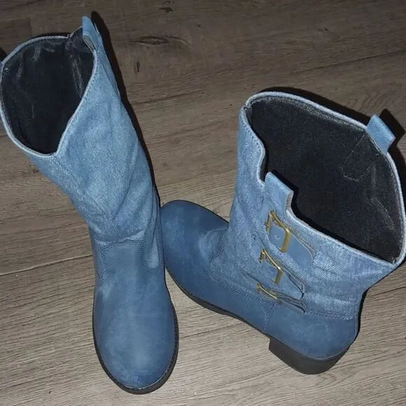 Denim chunky heel boots sz 7.5
