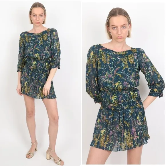 Diane Von Furstenberg 100% Silk Pialla Pleated Green Floral Mini Dress Size 0