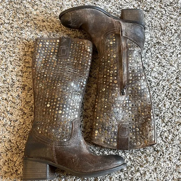 Diba True What To Do Distressed Leather Studded Mid Calf Boots Size 6.5