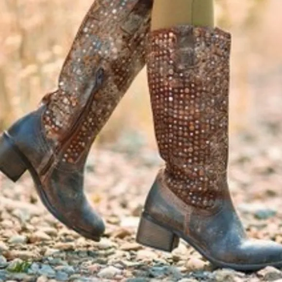 Diba True What To Do Distressed Leather Studded Mid Calf Boots Size 6.5