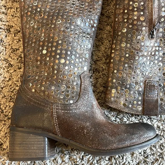 Diba True What To Do Distressed Leather Studded Mid Calf Boots Size 6.5