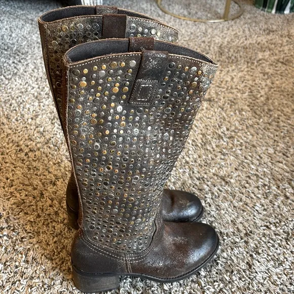 Diba True What To Do Distressed Leather Studded Mid Calf Boots Size 6.5