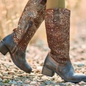 Diba True What To Do Distressed Leather Studded Mid Calf Boots Size 6.5