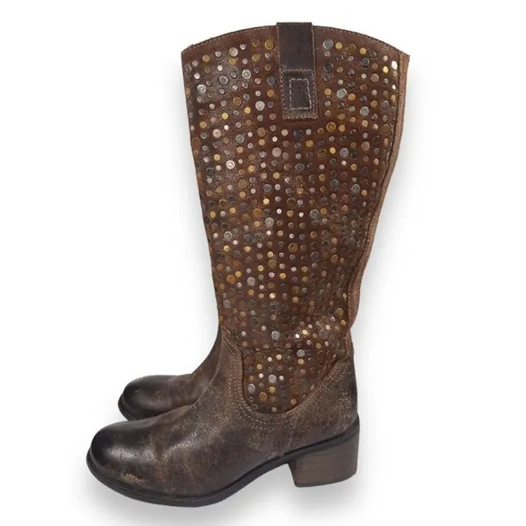 Diba True What To Do Distressed Leather Studded Mid Calf Boots Size 6.5