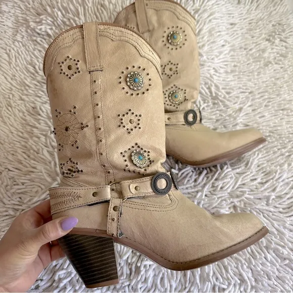 DINGO Addie Western Embellished Girly Sparkle Cowgirl Boots in Brown Chestnut 8