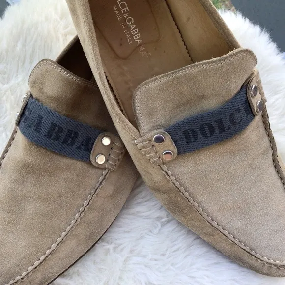 Dolce &amp; Gabbana Mens Suede Leather Loafers Driving Shoes Signature Top Ribbon