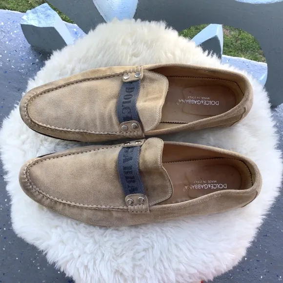 Dolce &amp; Gabbana Mens Suede Leather Loafers Driving Shoes Signature Top Ribbon