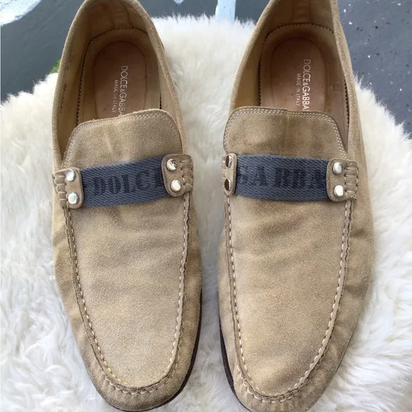 Dolce &amp; Gabbana Mens Suede Leather Loafers Driving Shoes Signature Top Ribbon