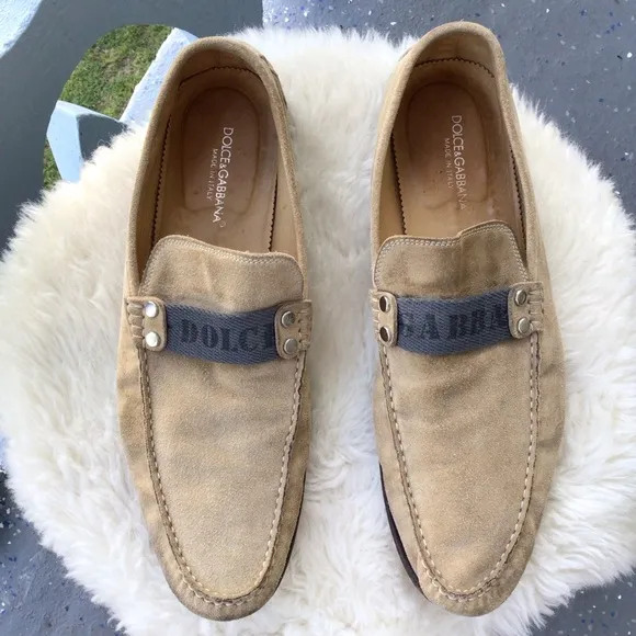 Dolce &amp; Gabbana Mens Suede Leather Loafers Driving Shoes Signature Top Ribbon