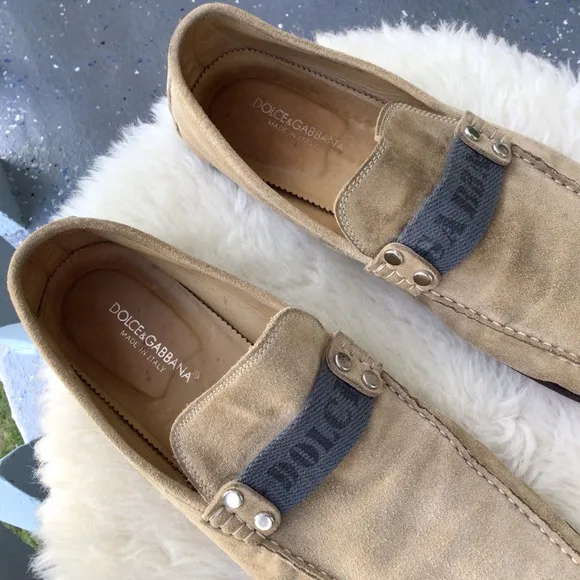 Dolce &amp; Gabbana Mens Suede Leather Loafers Driving Shoes Signature Top Ribbon
